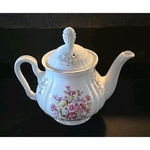 Enesco Vintage Ceramic Teapot‎ - Made in Japan - Pink and yellow flowers / gold